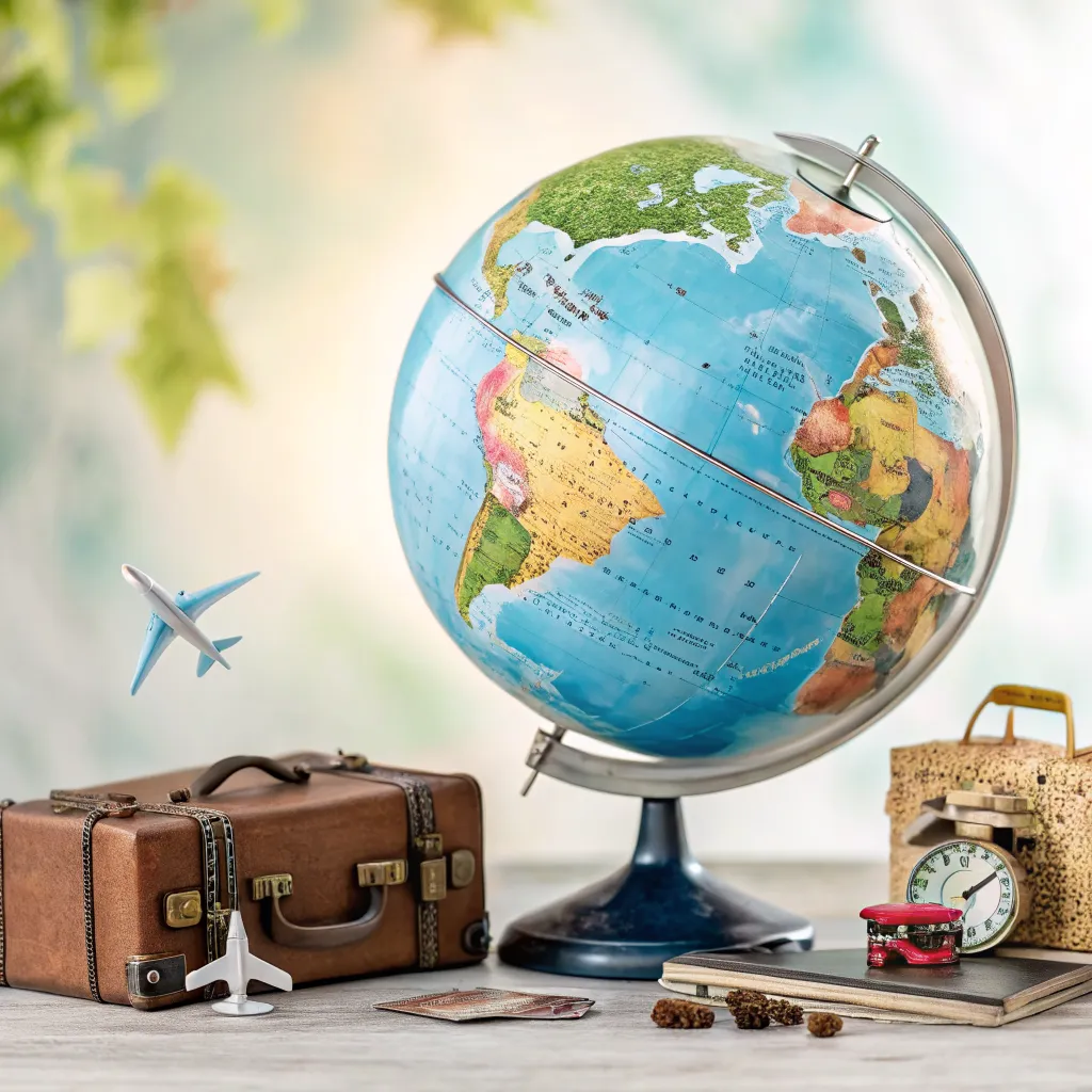 Watercolor illustrated globe with travel elements